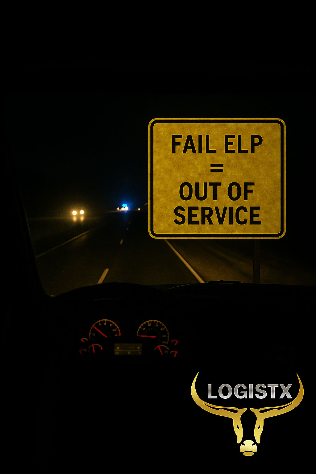 Yellow warning sign reading FAIL ELP = OUT OF SERVICE at night with LOGISTX logo