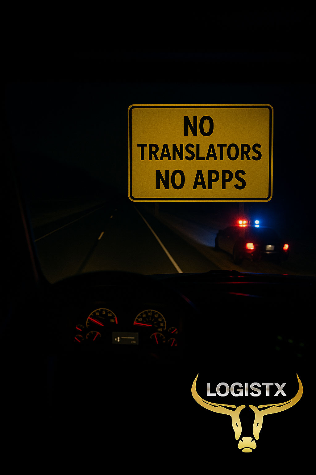 Nighttime enforcement scene with sign reading NO TRANSLATORS NO APPS and LOGISTX logo