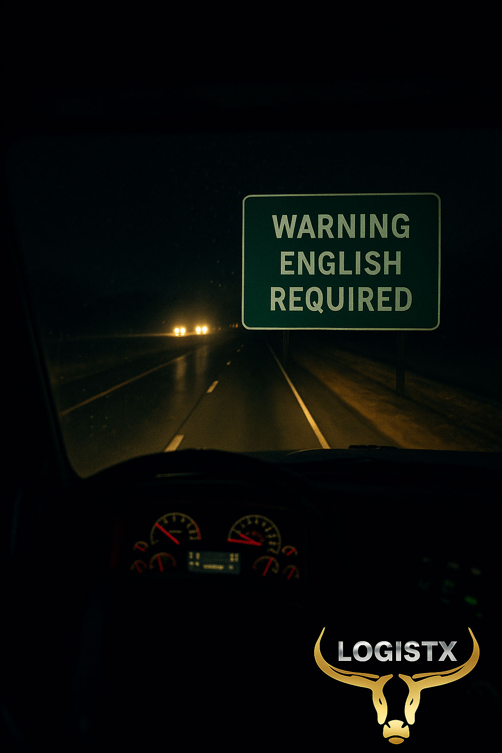 Nighttime trucking scene with warning sign and LOGISTX branding